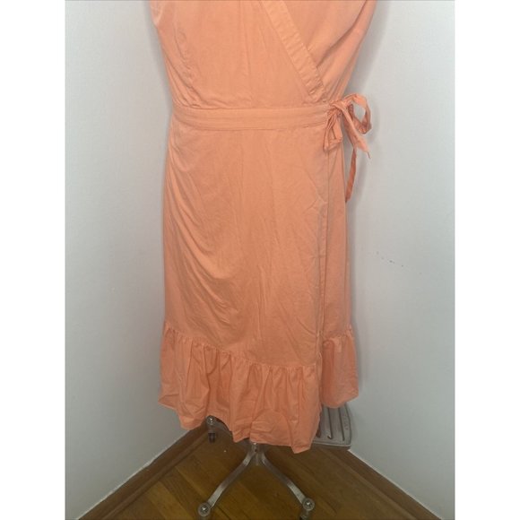 Talbots Cotton Wrap Dress Sz 10 Sleeveless Ruffle Tie Midi Coral Pink - Picture 3 of 11